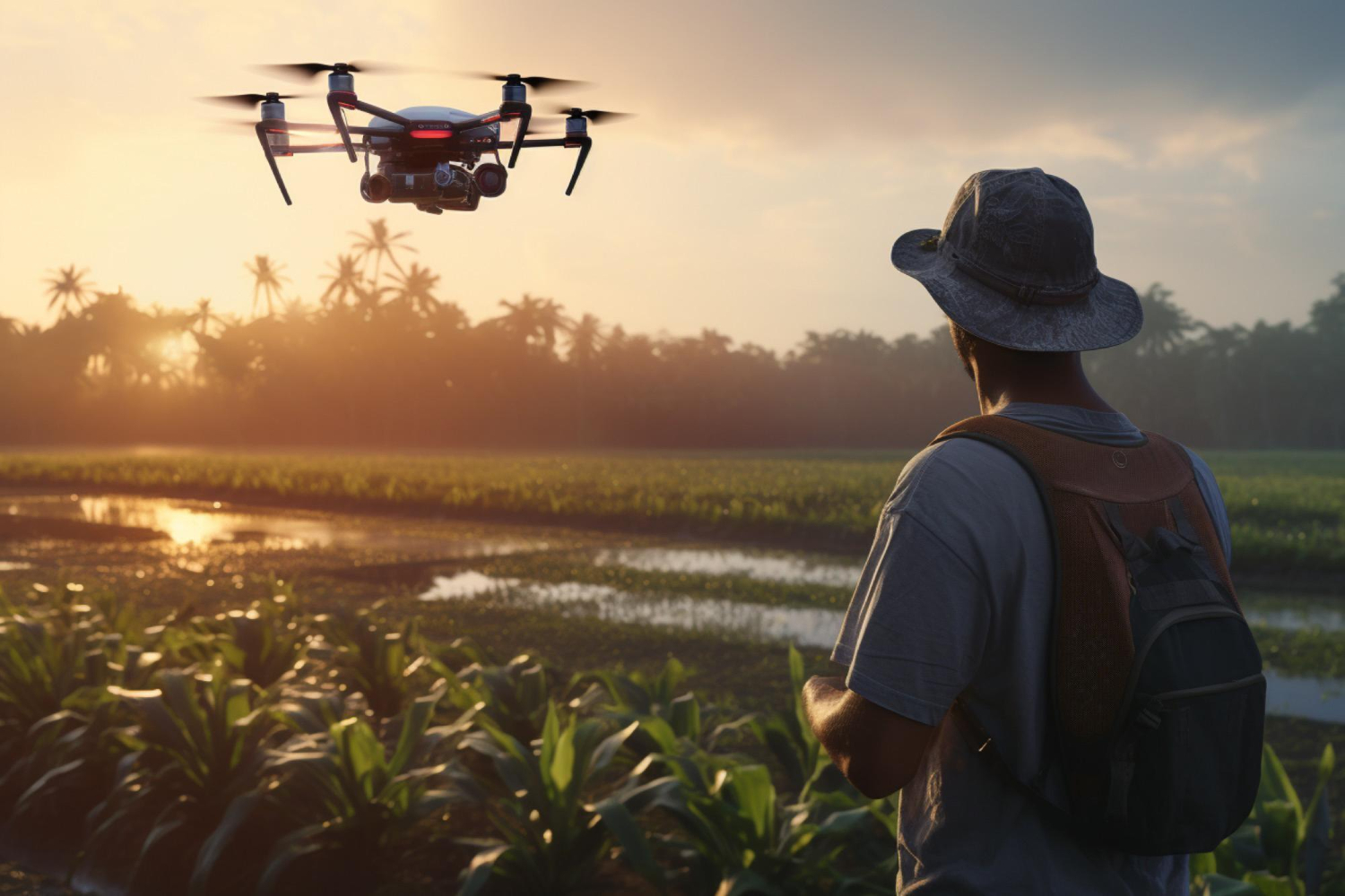 Trabajador operando un dron agrícola sobre un campo de cultivo al atardecer, rodeado de vegetación.